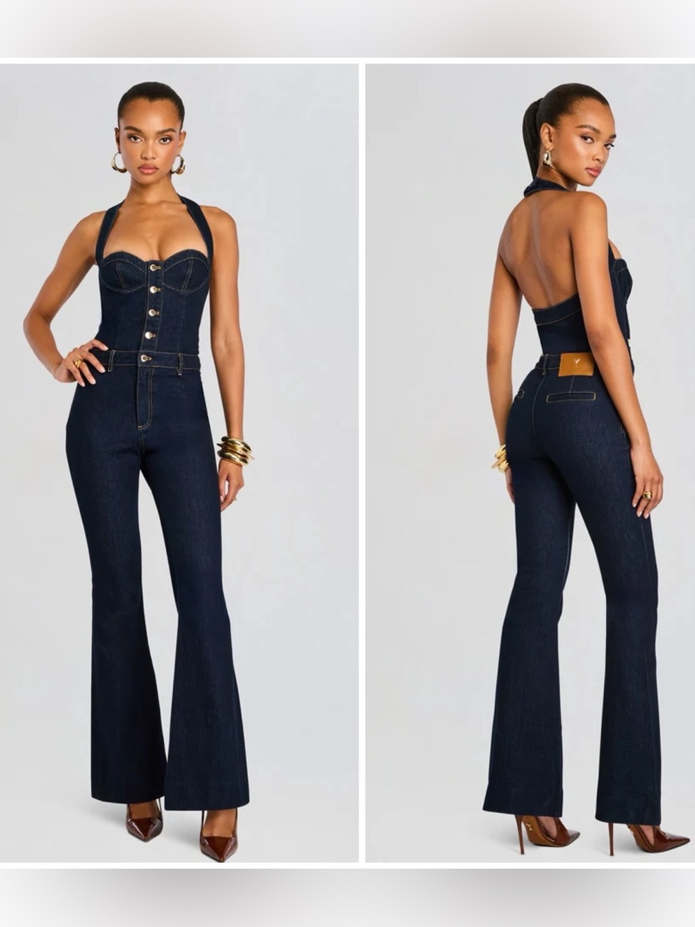 RETROFÊTE Irma Denim Jumpsuit Halter Flare Indigo Rinse Gold Buttons Sz M NWT